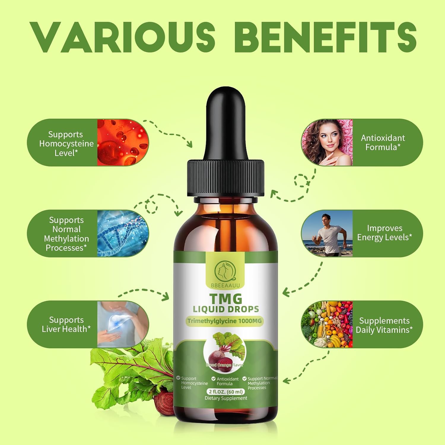 TMG (Trimetilglicina) 1000 mg - Gotas Líquidas con Betaina, Alta Absorción, No-GMO, Vegano, Sabor Naranja Sanguina, 2 x 60 ml