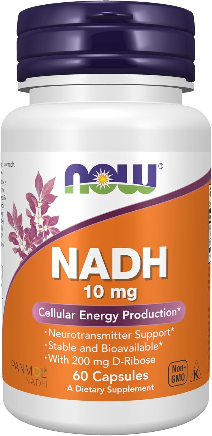 NOW Supplements, NADH (Nicotinamida Adenina Dinucleótido Reducida) 10 mg con 200 mg de D-Ribosa, 60 Cápsulas Vegetales