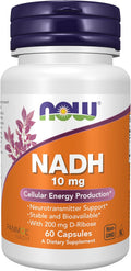 NOW Supplements, NADH (Nicotinamida Adenina Dinucleótido Reducida) 10 mg con 200 mg de D-Ribosa, 60 Cápsulas Vegetales