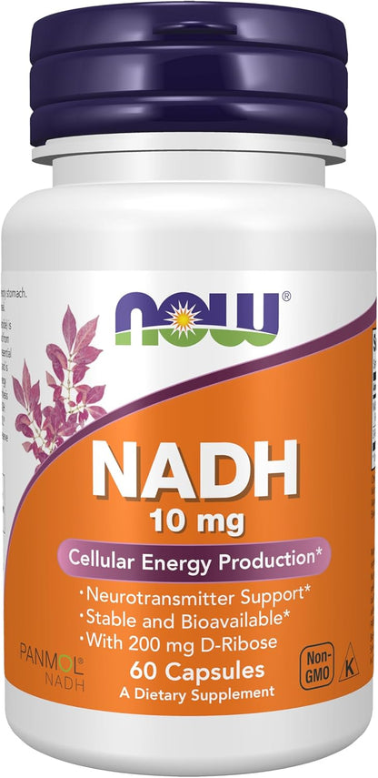 NOW Supplements, NADH (Nicotinamida Adenina Dinucleótido Reducida) 10 mg con 200 mg de D-Ribosa, 60 Cápsulas Vegetales – Image 1
