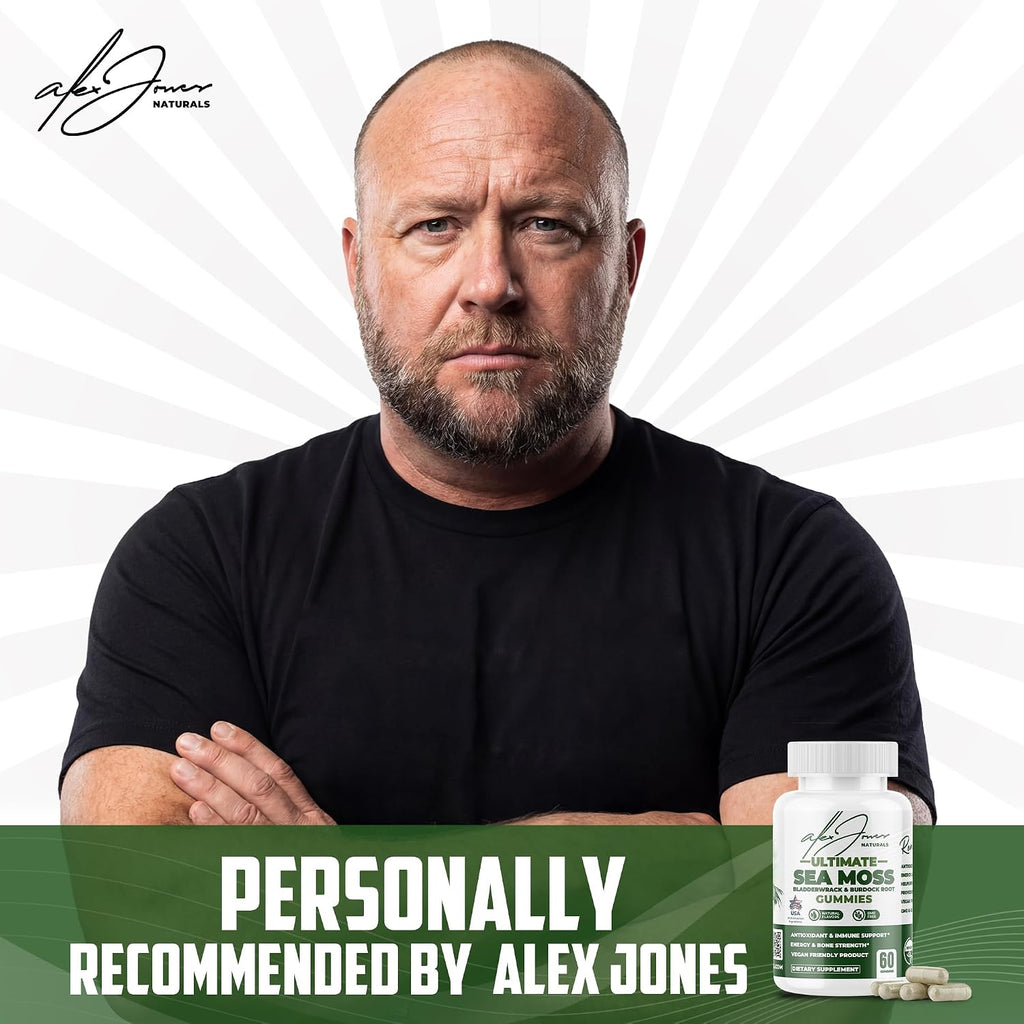 Alex Jones Ultimate Seamoss Capsules – Suplemento Vegano de Algas Marinas con Bladderwrack y Raíz de Bardana – Apoyo Inmunológico, Energía – 60 Cápsulas