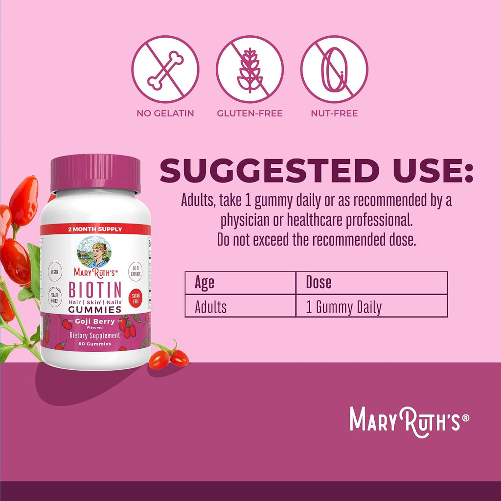 MARYRUTH'S Organics Biotin Gummies - Gominolas de Biotina 2500 μg | Sin Azúcar | Vegano | 60 Unidades