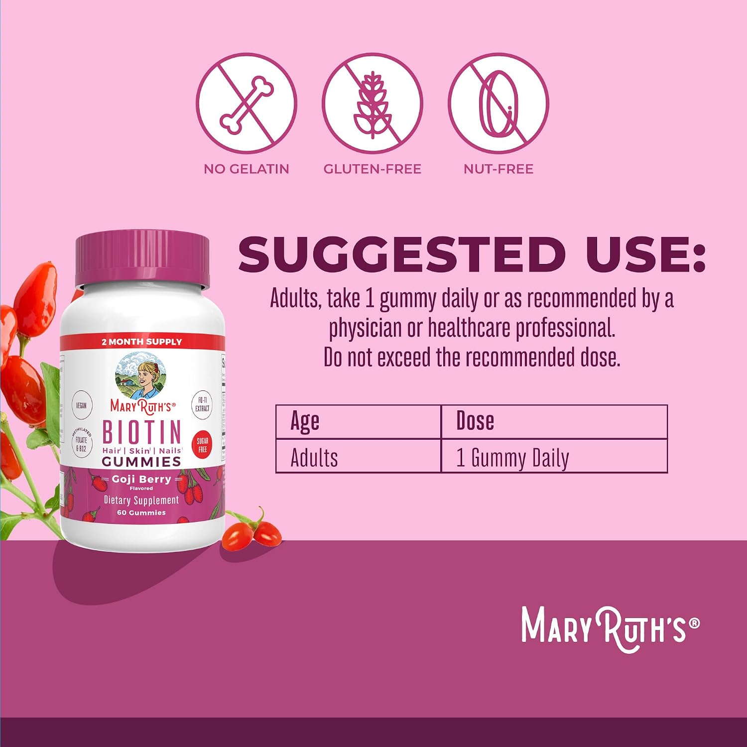 MARYRUTH'S Organics Biotin Gummies - Gominolas de Biotina 2500 μg | Sin Azúcar | Vegano | 60 Unidades