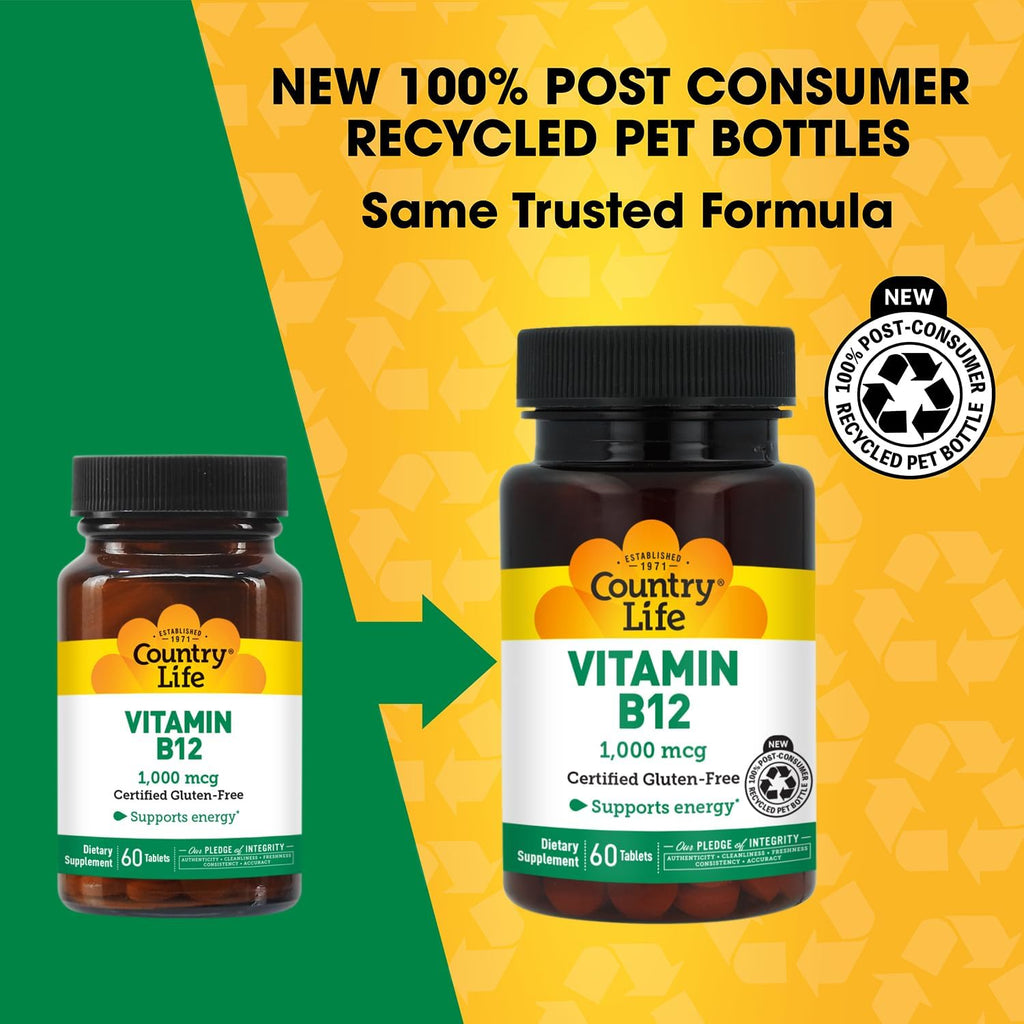 Country Life Vitamina B12 1000 mcg - 60 comprimidos - Vegano y Sin Gluten