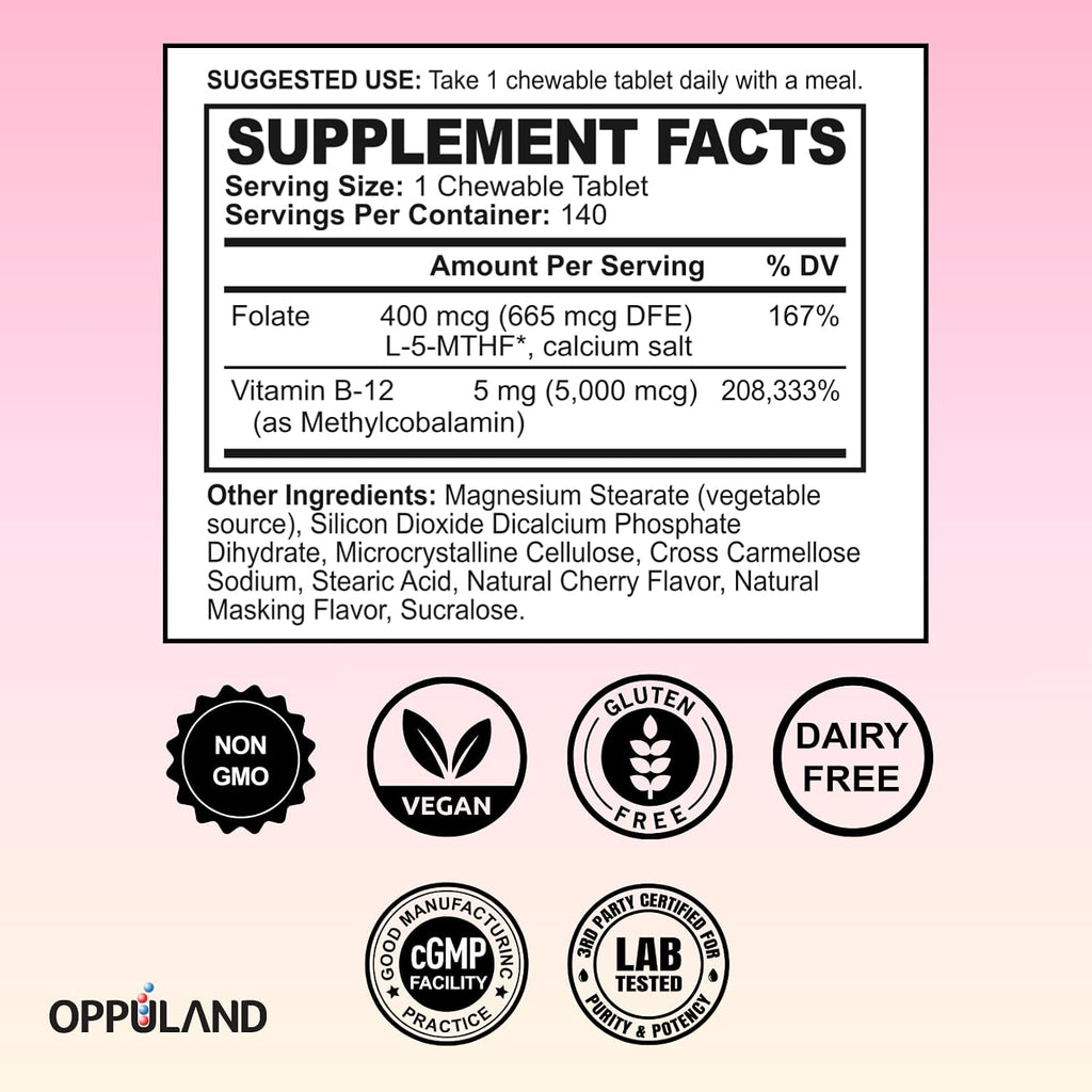 Metil B-12 5000mcg con Folato - Vitamina B12 Metilcobalamina Sublingual - Apoyo Energético y Cerebral - 140 Comprimidos Veganos