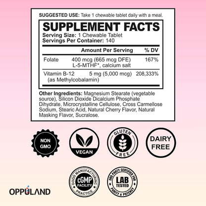 Metil B-12 5000mcg con Folato - Vitamina B12 Metilcobalamina Sublingual - Apoyo Energético y Cerebral - 140 Comprimidos Veganos