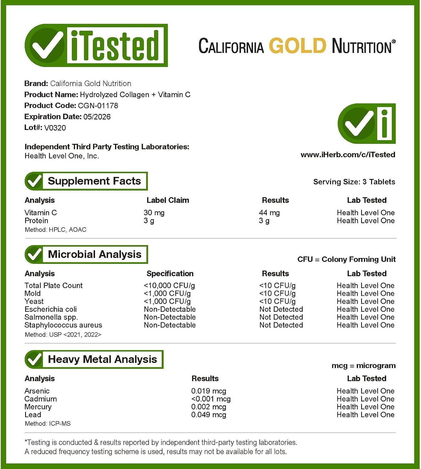 California Gold Nutrition, Péptidos de Colágeno Hidrolizado Tipo I y III con Vitamina C, 250 Comprimidos