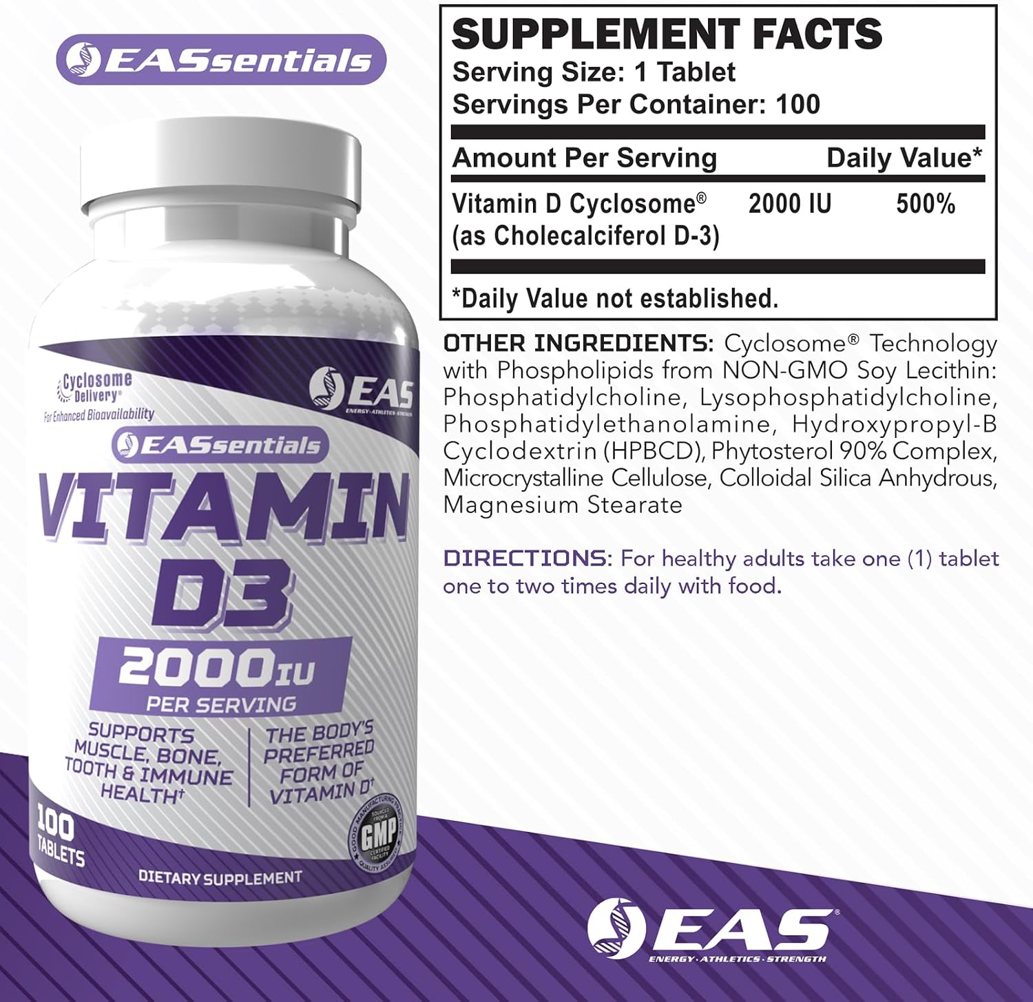 EAS Vitamina D3 2000 UI | Salud ósea, muscular e inmunidad | Cyclosome Technology | 100 comprimidos