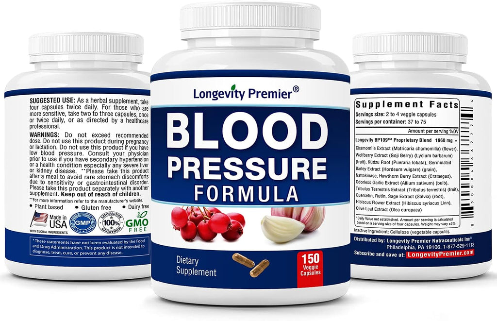 Longevity Blood Pressure Formula [150 Cápsulas] - con más de 12 Hierbas Naturales. Suplemento de Apoyo Dietético