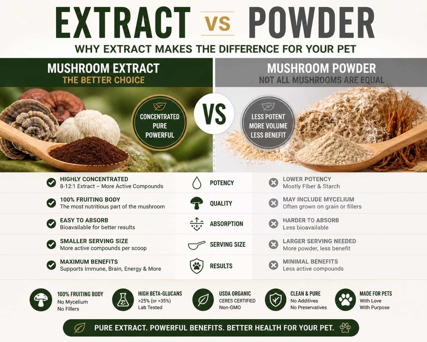 Complejo de Hongos para Perros y Gatos – 25%+ Beta-Glucanos – Mezcla de Extractos de Cuerpos Fructíferos (Cola de Pavo, Reishi, Maitake, Shiitake) – Apoyo Inmunitario y Digestivo – Sin Micelio, Sin Rellenos – 250 Servicios