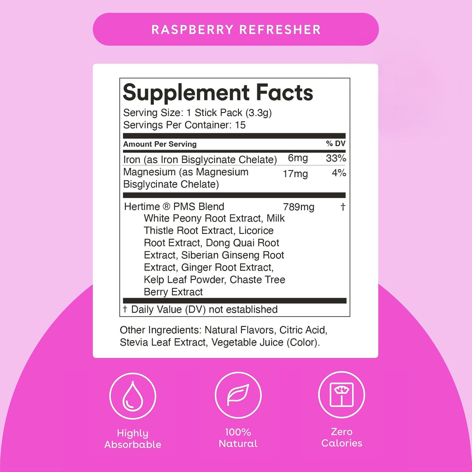 Hertime PMS - Apoya un Ciclo Menstrual Saludable - con Minerales, Raíz de Peonía, Ginseng Siberiano - Sin Azúcar - 15 Sobres - Limonada de Frambuesa