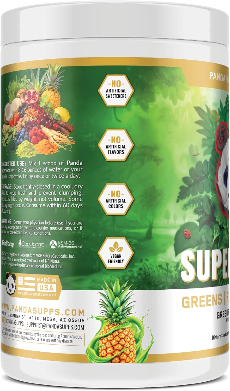 Panda Superfood Greens: Mezcla Natural de Superalimentos con Probióticos y Adaptógenos (Piña, 13.76 oz)