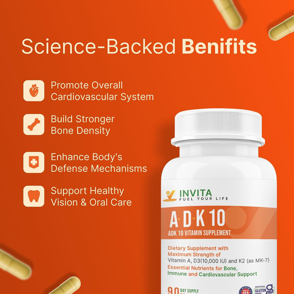 INVITA ADK 10 – Suplemento de Vitaminas A, D3 10,000 UI y K2-MK7 – 90 Cápsulas