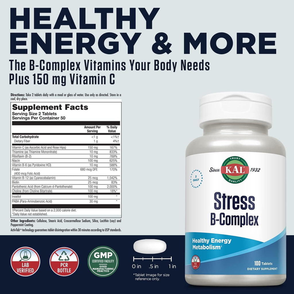KAL Stress B Complex - Complejo B con Vitaminas B12, B6 y Ácido Fólico, 100 Comprimidos