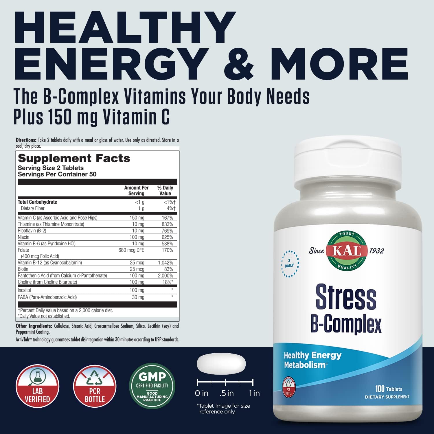 KAL Stress B Complex - Complejo B con Vitaminas B12, B6 y Ácido Fólico, 100 Comprimidos