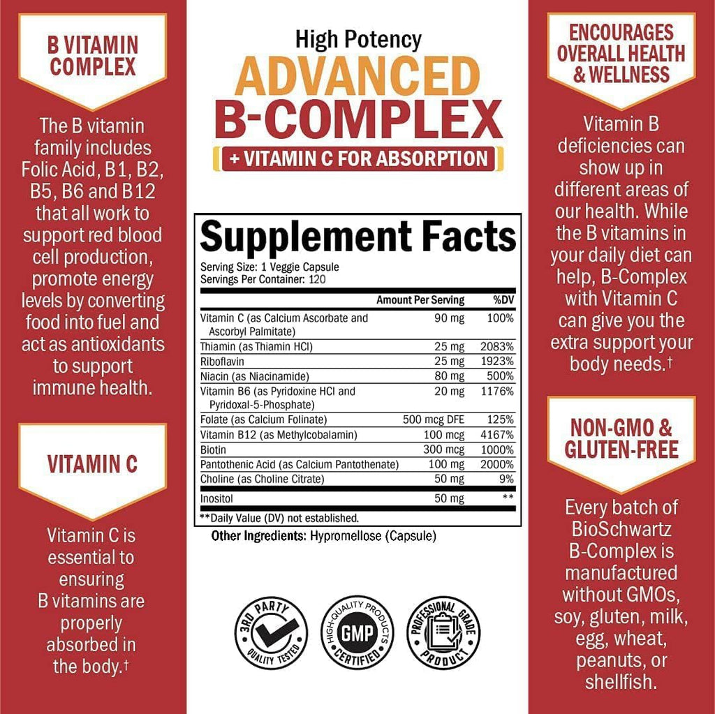 Complejo B con Vitamina C para Máxima Absorción – Metilcobalamina B12 y Folato – B1 B2 B3 B5 B6 B7 B9 – Apoyo Energético e Inmunológico – Sin OGM, 120 Cápsulas