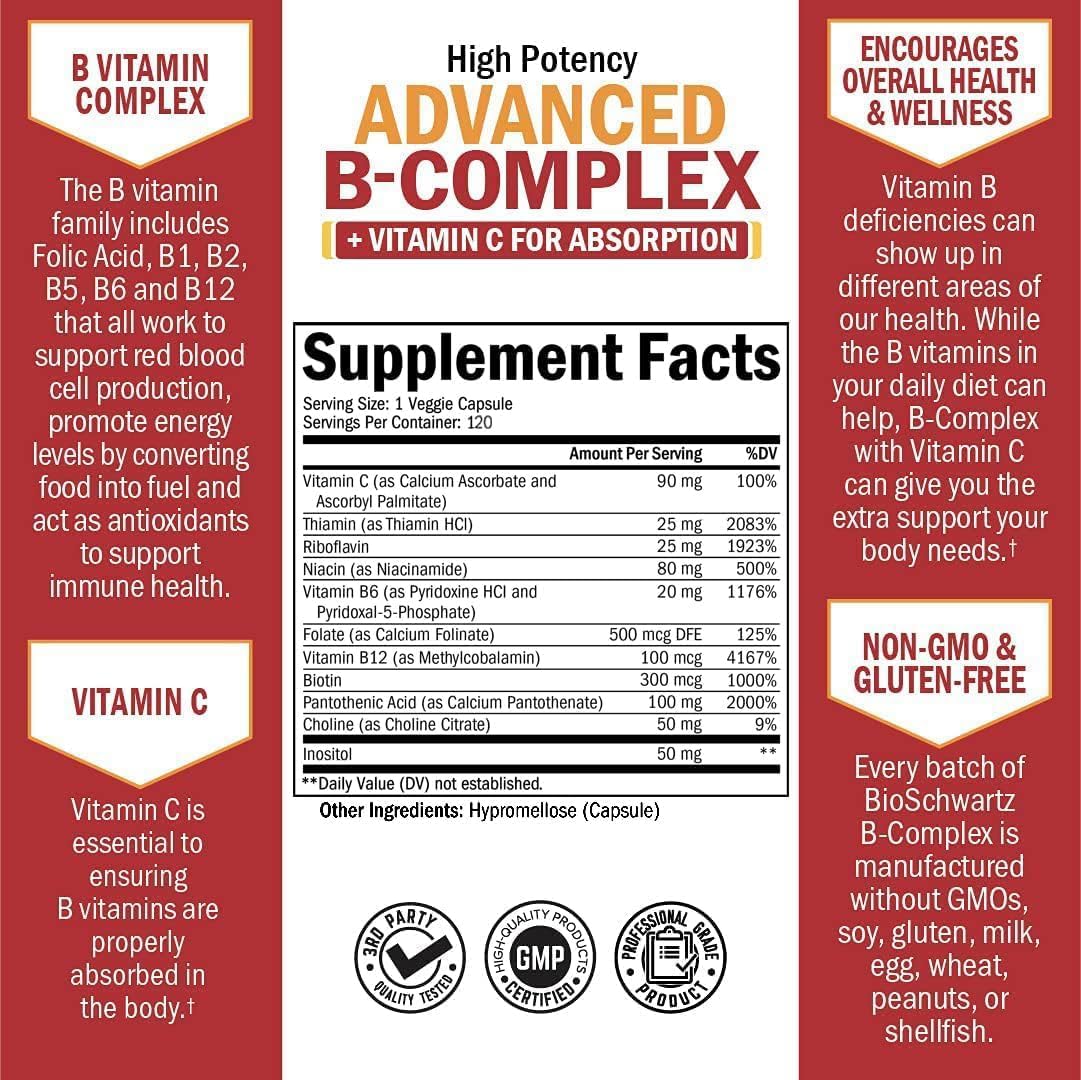 Complejo B con Vitamina C para Máxima Absorción – Metilcobalamina B12 y Folato – B1 B2 B3 B5 B6 B7 B9 – Apoyo Energético e Inmunológico – Sin OGM, 120 Cápsulas