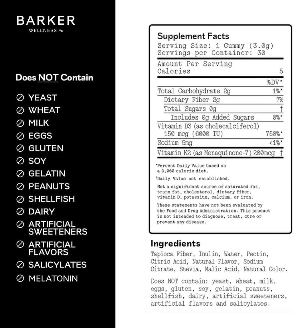 Barker Wellness Gominolas de Vitamina D3 y K2 – Alta potencia 6000 UI D3 + 200 mcg K2 para huesos fuertes, salud cardiovascular y apoyo inmunitario | Vegano, sin azúcar, delicioso sabor a bayas mixtas | 30 dosis