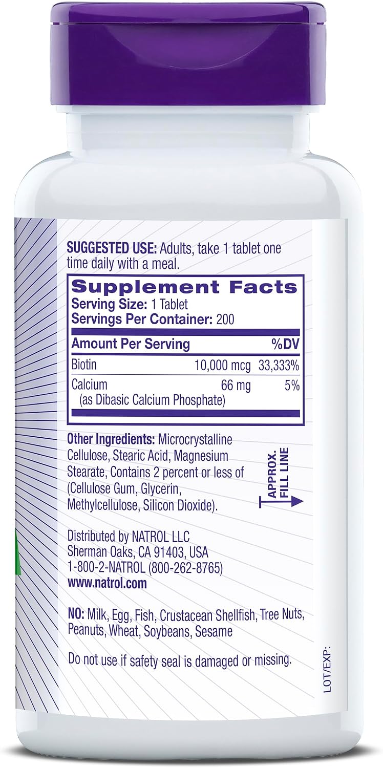 Natrol Biotina 10000mcg, para Cabello, Piel y Uñas Saludables, 200 Comprimidos