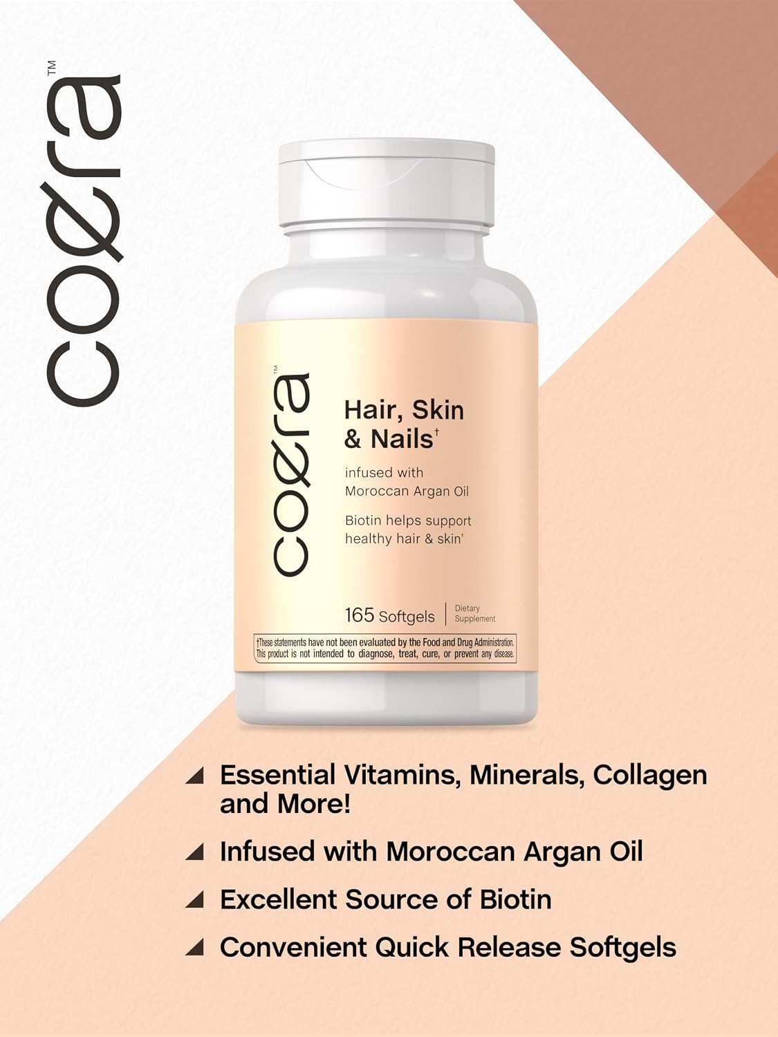 Coera Vitaminas para Cabello, Piel y Uñas con Colágeno, Biotina y Aceite de Argán Marroquí | 165 Cápsulas Blandas | Suplemento No GMO y Sin Gluten para Hombres y Mujeres