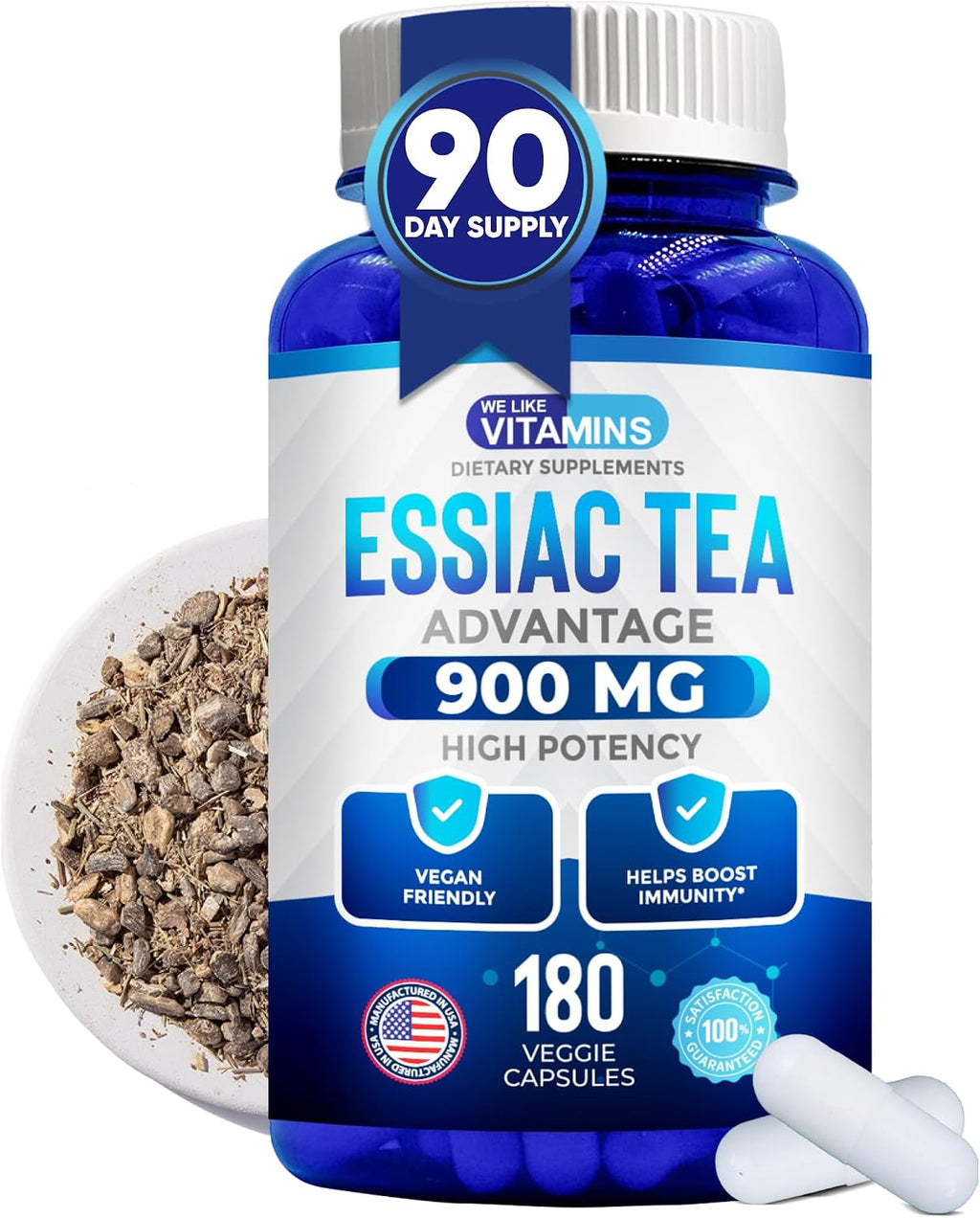 Essiac Tea Cápsulas de We Like Vitamins - 180 Cápsulas con Bardana, Acedera, Olmo Americano y Ruibarbo - 900mg por Dosis