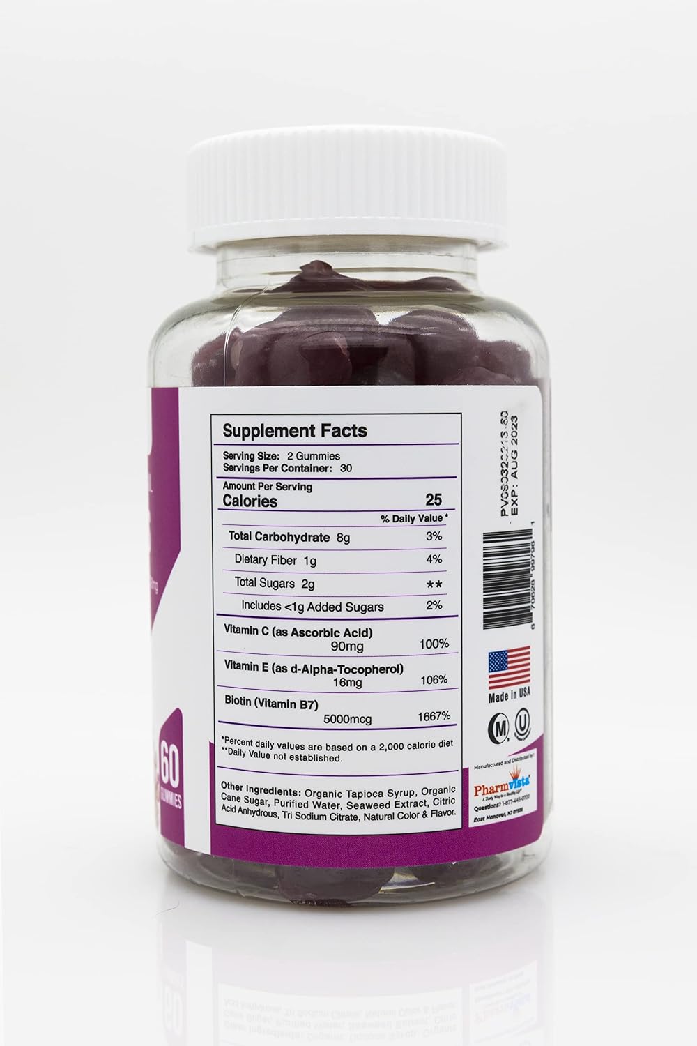 Pharmvista Gominolas de Biotina, Vitamina C y E para Cabello, Piel y Uñas - Vegano, Sin Gluten, No GMO - 60 Unidades