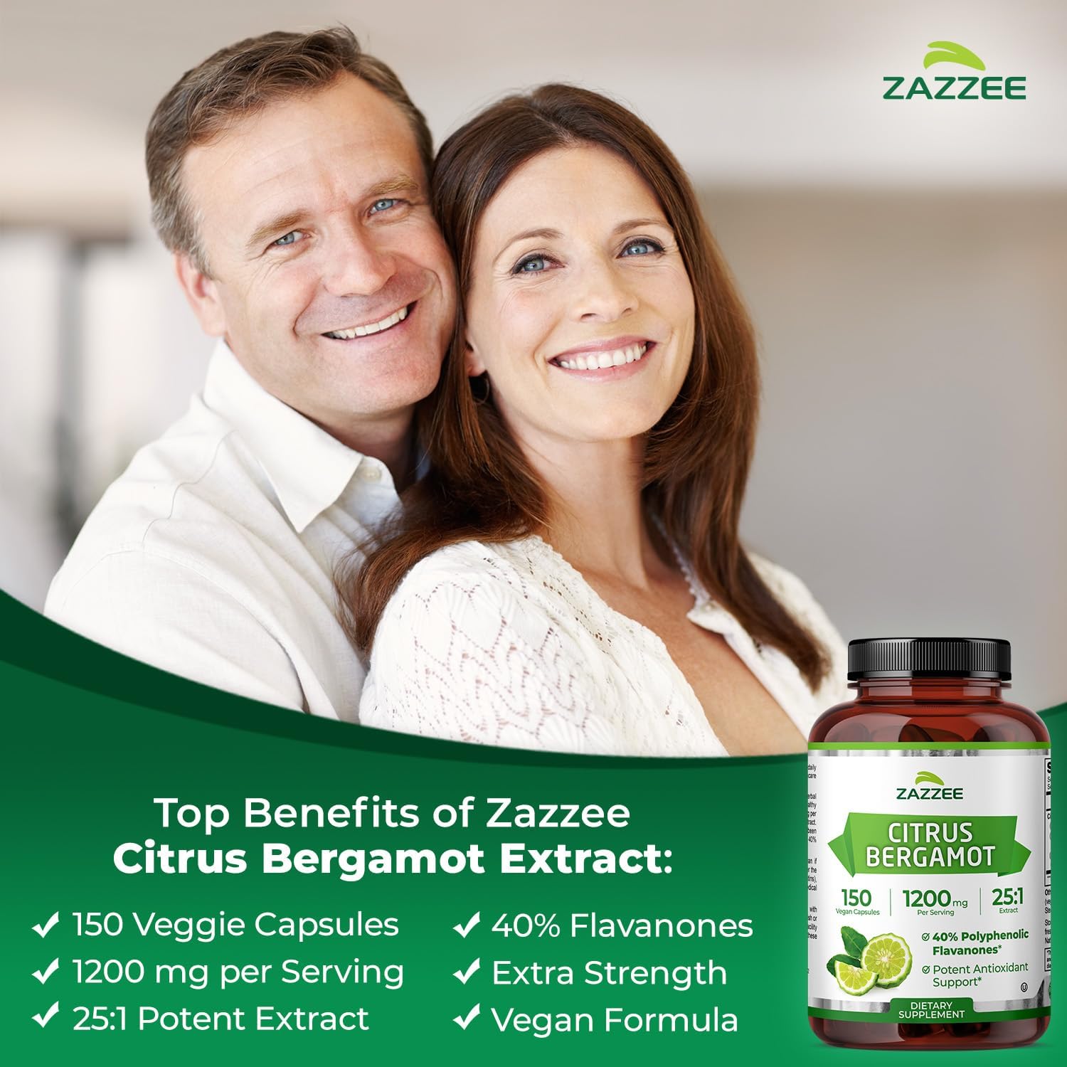 Zazzee Extracto de Bergamota Cítrica 25:1 - 1200 mg, 40% Flavanonas Polifenólicas, 150 Cápsulas Veganas