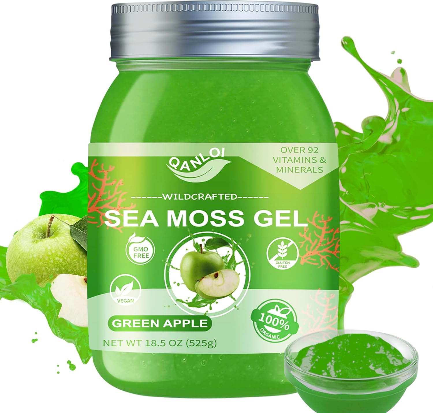 Sea Moss Raw Gel Natural con Irish Sea Moss - Apoyo Inmunológico y Digestivo - 425g (15 oz) - Sabor Manzana Verde