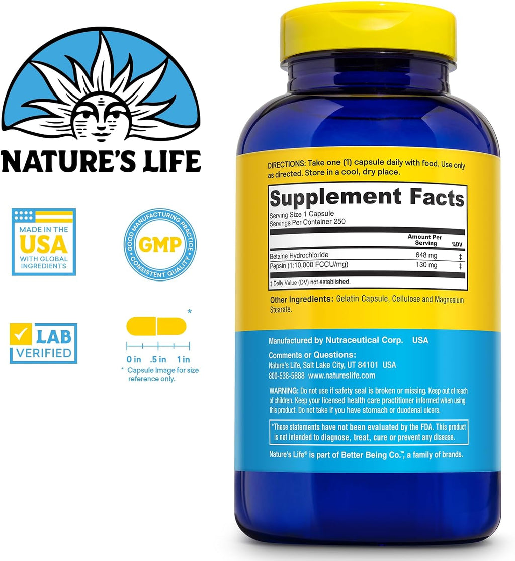 Betaine HCL con Pepsina de Nature's Life - 250 Cápsulas