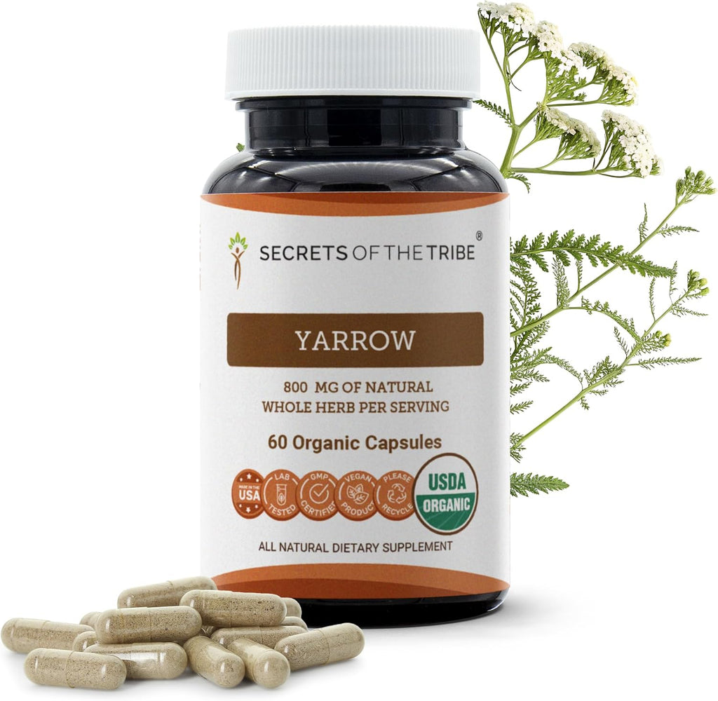 Secrets of the Tribe Yarrow 120 Cápsulas, 800 mg, USDA Organic Milenrama (Achillea millefolium) Hoja y Flor Seca