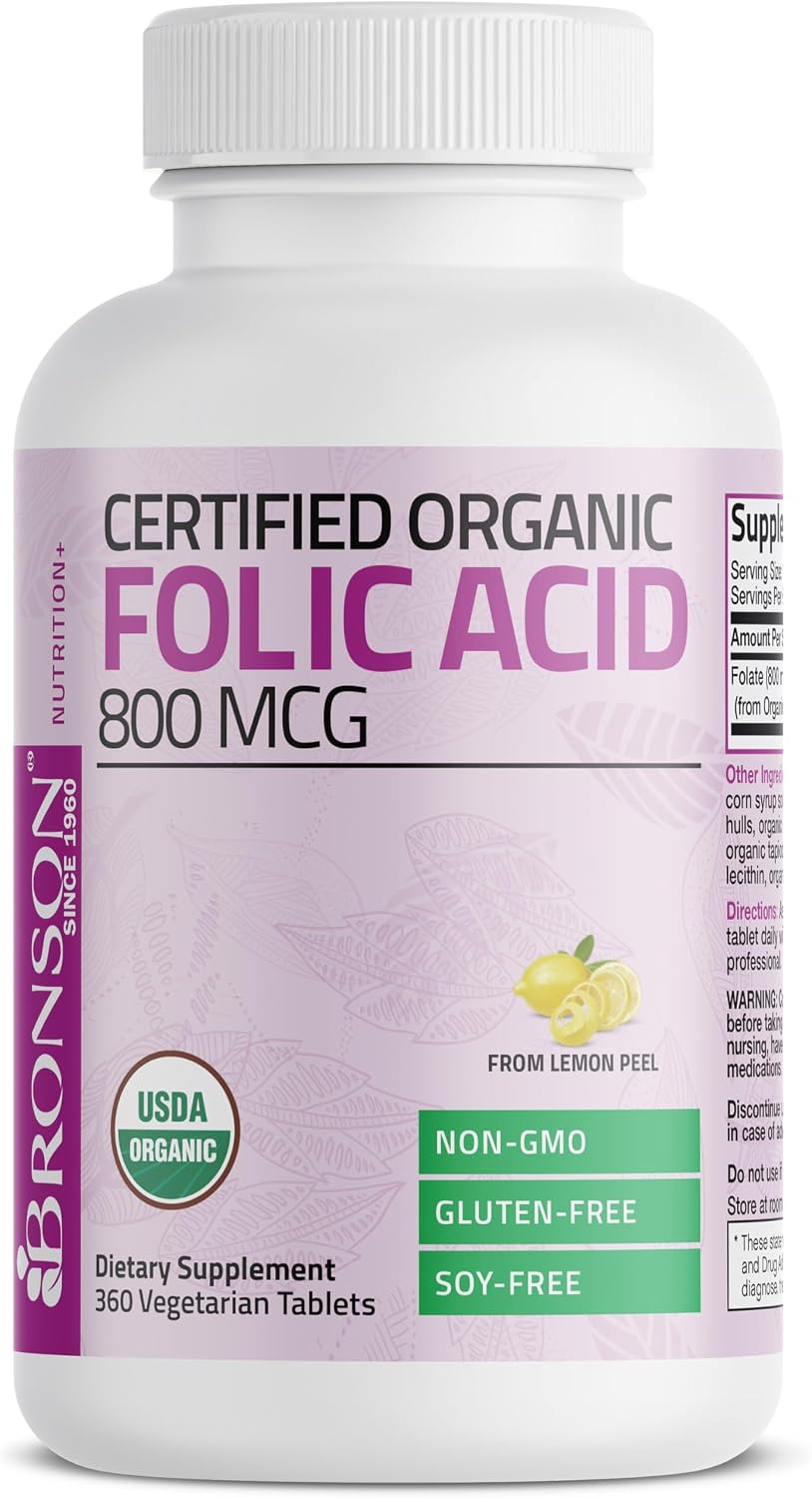 Bronson Ácido Fólico Orgánico (Vitamina B9 Folato) 800 mcg de Cáscara de Limón - 360 Comprimidos