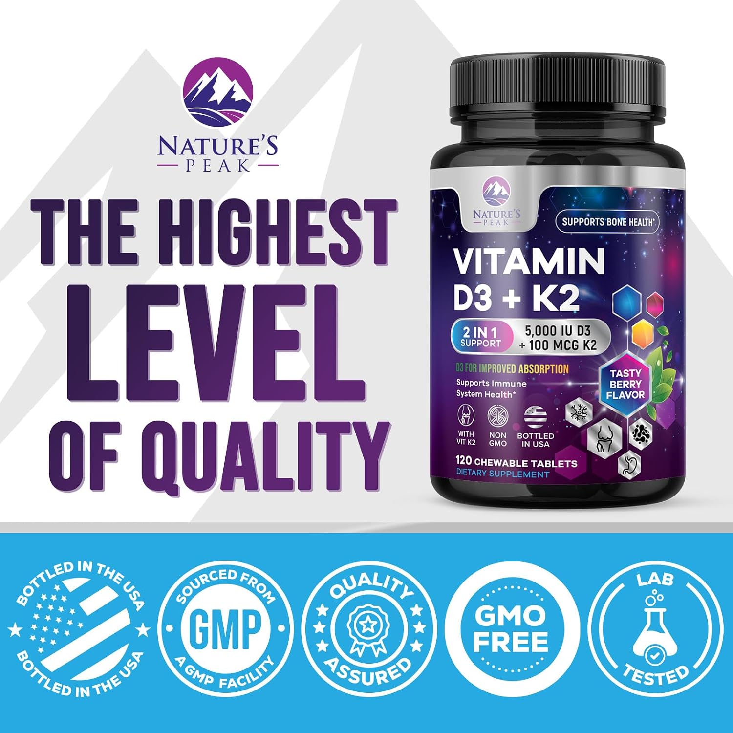 Vitamina D3 K2 5000 UI + 100 mcg MK-7 - 120 Comprimidos Masticables Sabor a Baya