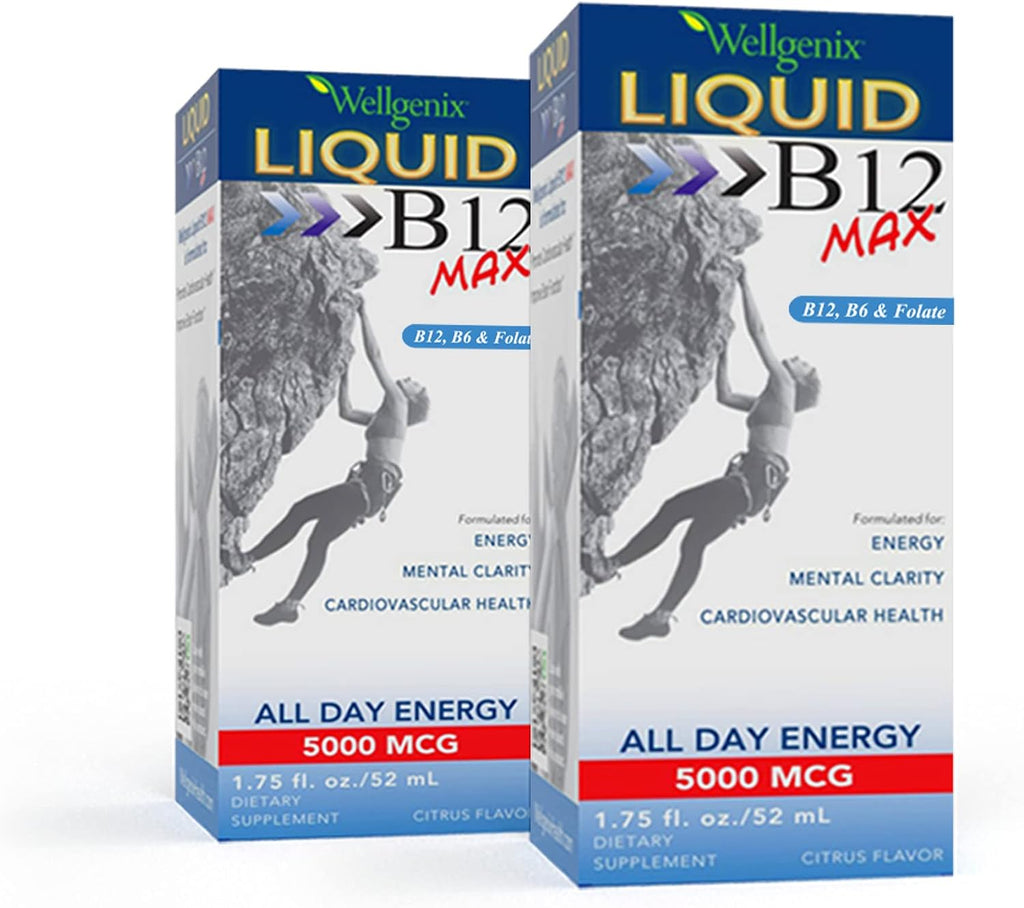 Wellgenix B12 Max Líquido - Vitamina B6, B12 y Folato - Alta Absorción - Salud Cardiovascular, Claridad Mental, Aumento de Energía y Pérdida de Peso - 1,75 oz, 2 Pack