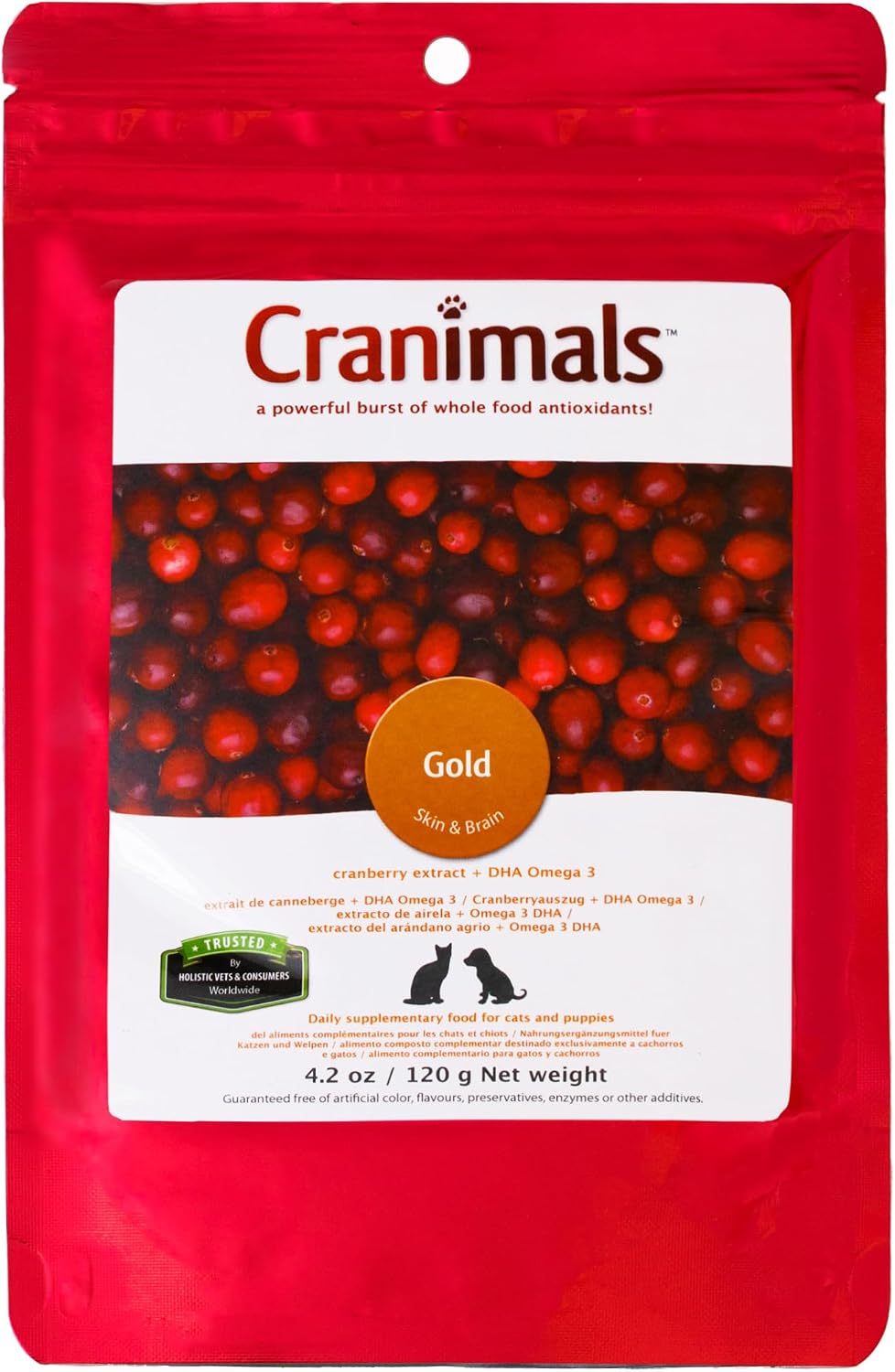 Gold Cranberry Powder for Cats - Vegan DHA Omega 3, Apoyo a la Salud Urinaria - Dos Ingredientes Puros, Sin Aditivos - 4.2 Oz (119 g)