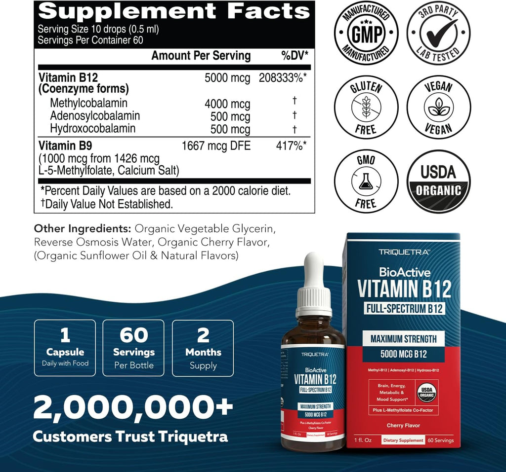 Triquetra Health BioActive Vitamin B12 5000 mcg - Gotas Sublinguales con 3 Formas Bioactivas