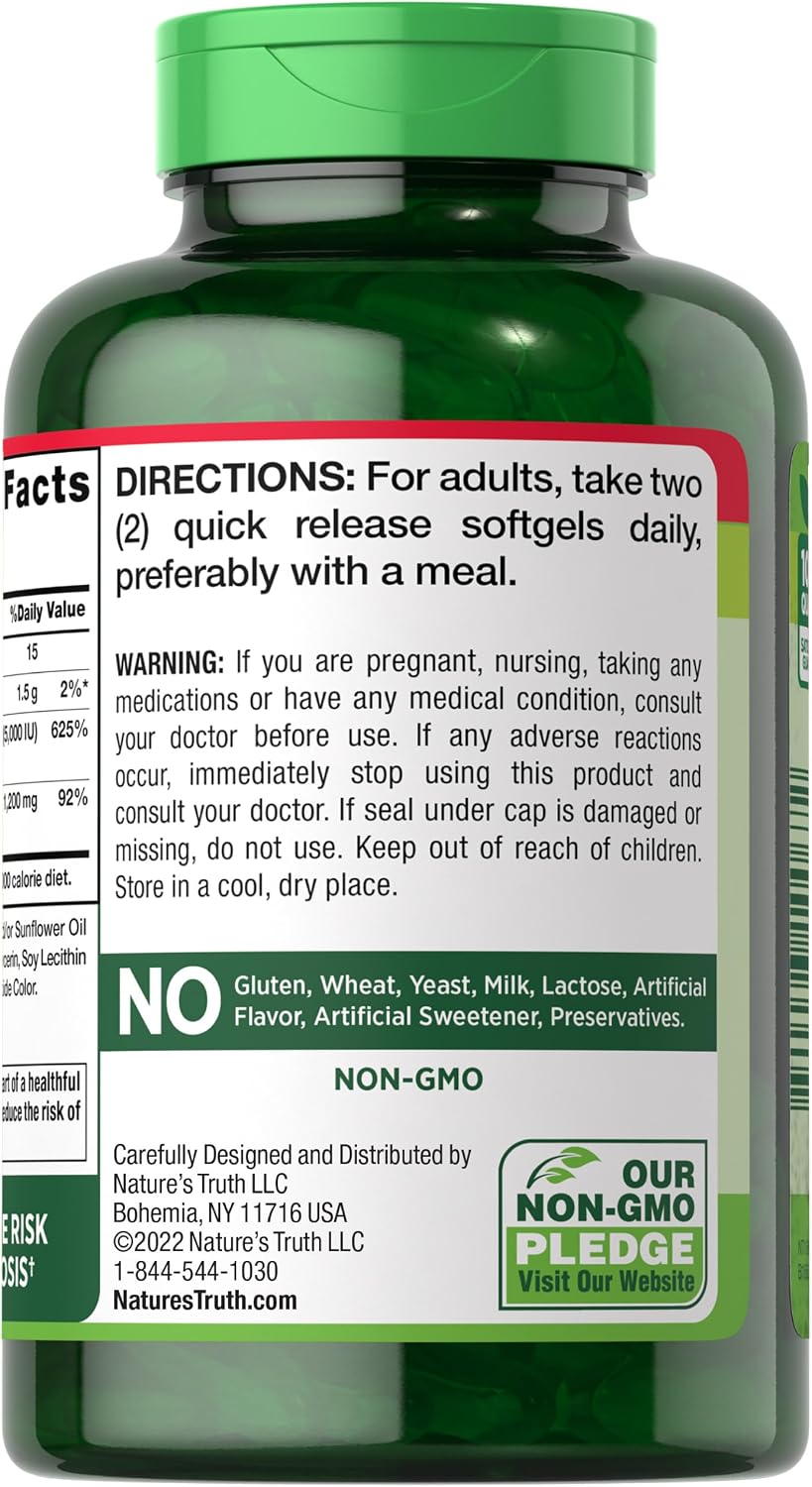 Nature's Truth Calcio 1200 mg con Vitamina D3 5000 UI, 120 comprimidos (Pack de 3)