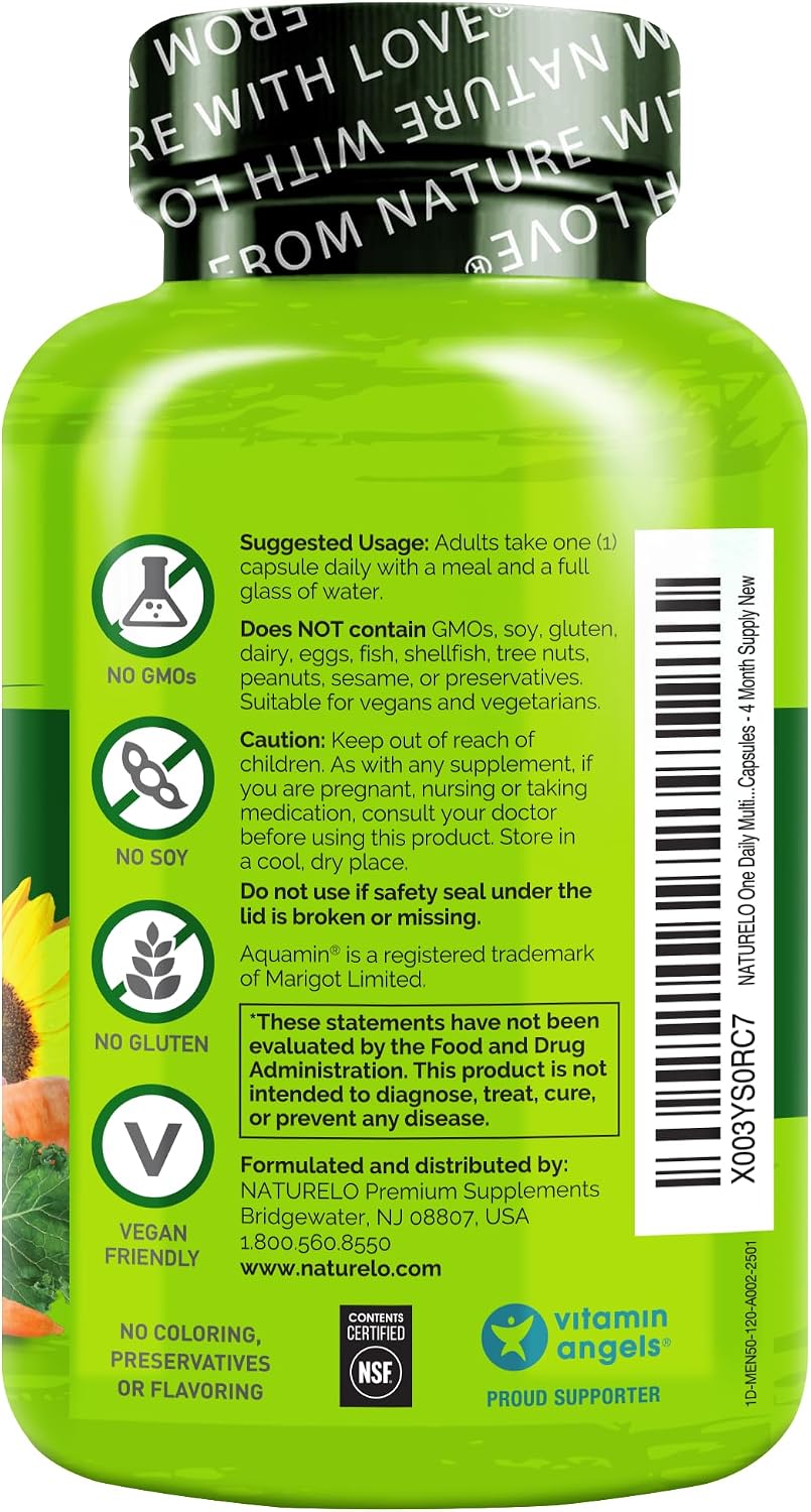 NATURELO Multivitamínico para Hombres 50+ - Complejo Diario con Vitaminas, Minerales y Alimentos Orgánicos, 120 Cápsulas Vegetales