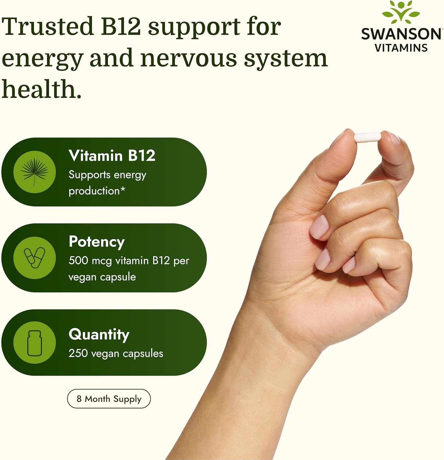 Swanson Vitamina B12 Cianocobalamina 500 mcg (250 Cápsulas Veganas)