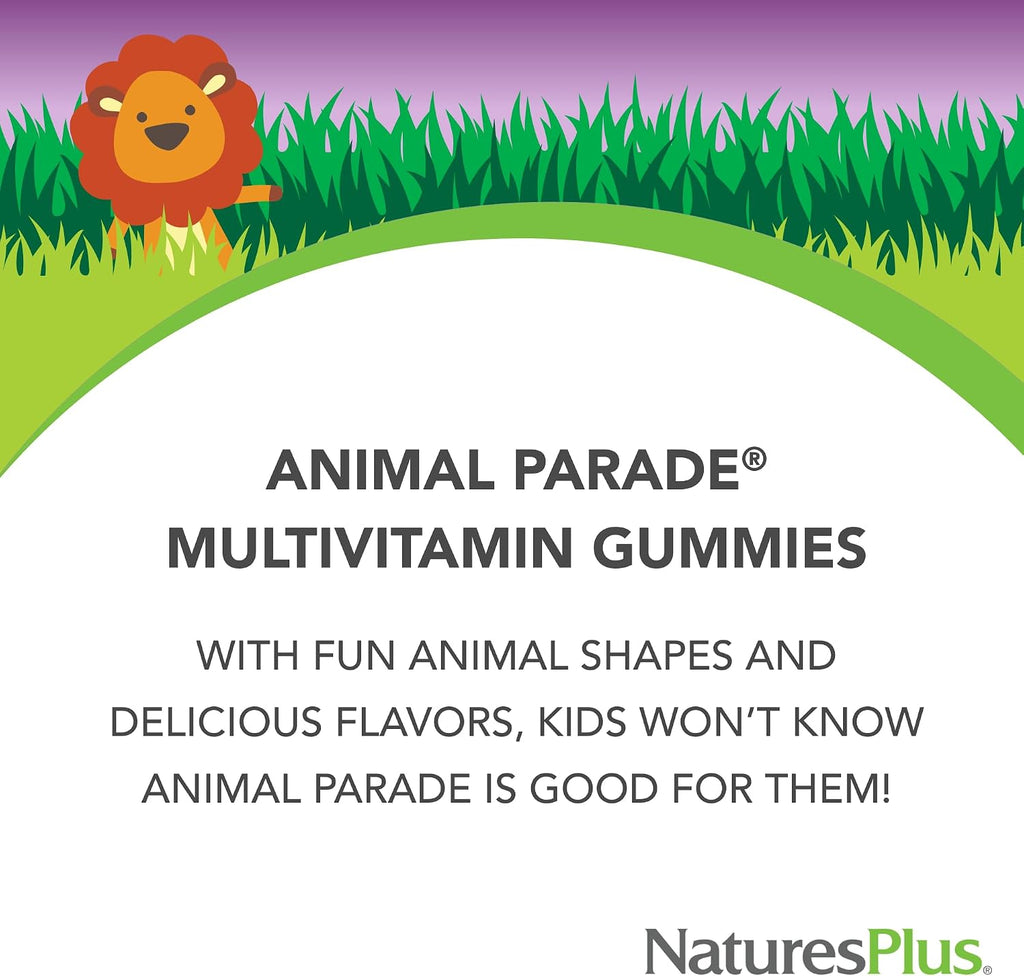 NaturesPlus Animal Parade Multivitamin Gominolas Infantiles - 90 unidades - Sabores Cereza, Uva y Naranja - Vegetariano, Sin Gluten