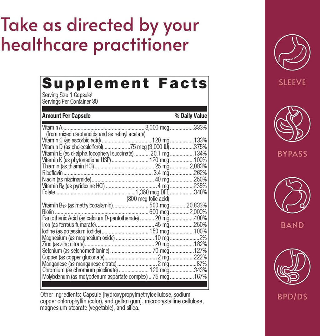Bariatric Advantage Ultra Solo con Hierro - Multivitamínico diario para pacientes bariátricos - Con tiamina, vitamina A y más - Sin gluten - 30 cápsulas
