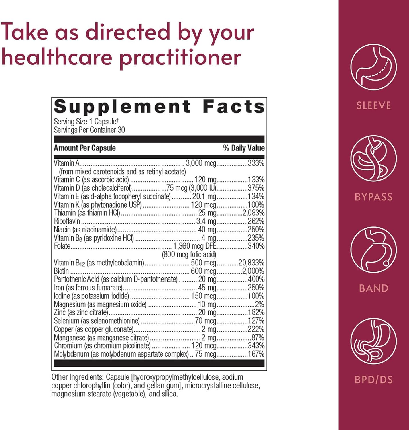 Bariatric Advantage Ultra Solo con Hierro - Multivitamínico diario para pacientes bariátricos - Con tiamina, vitamina A y más - Sin gluten - 30 cápsulas