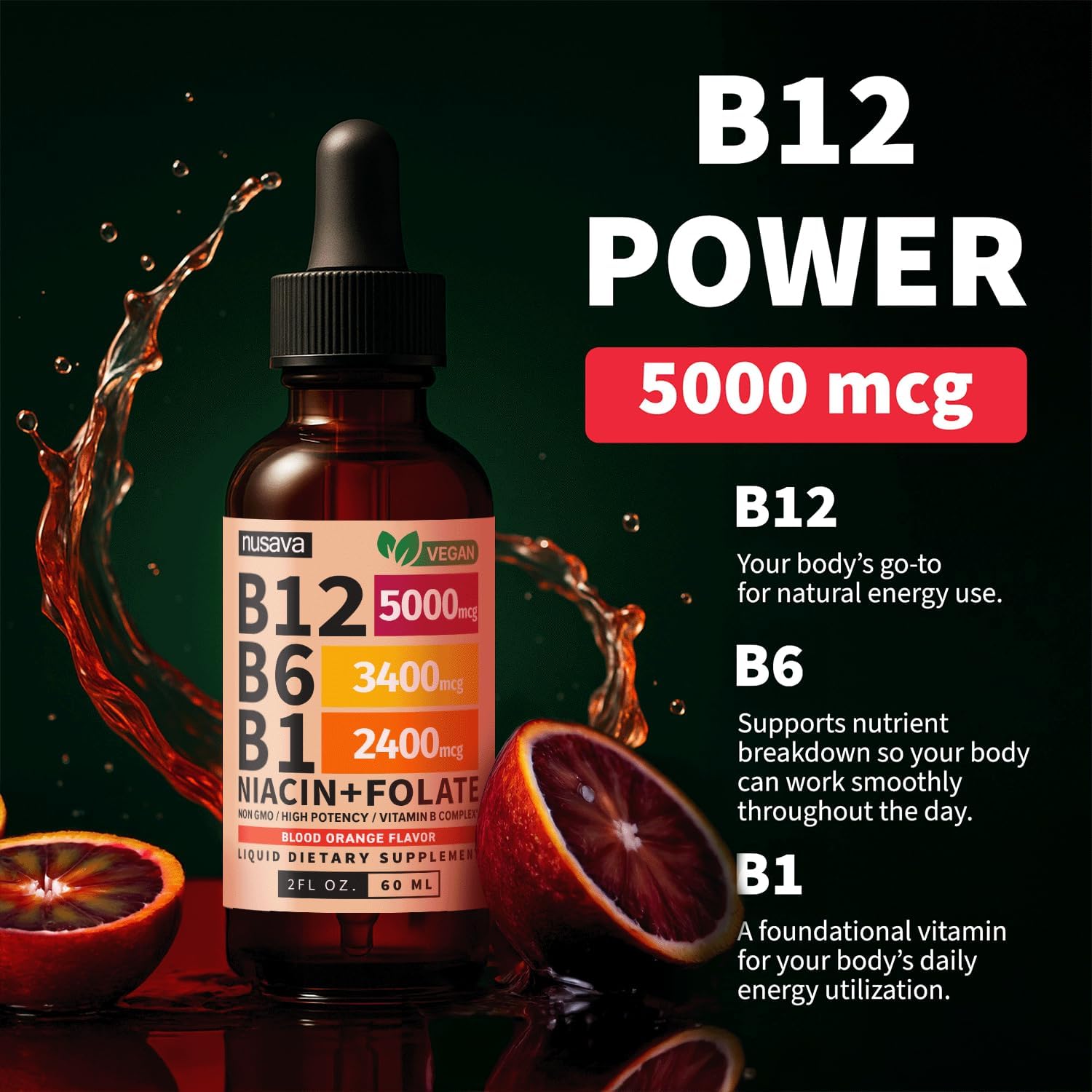 NUSAVA (2 Pack) Gotas Líquidas de Vitamina B12 5000mcg - Sublingual con B6 y Complejo B - Metilcobalamina para Mujeres y Hombres - Suplemento Vegano, Sin OGM, Sabor Naranja Carmesí (2 Fl Oz, 80 Servicios)