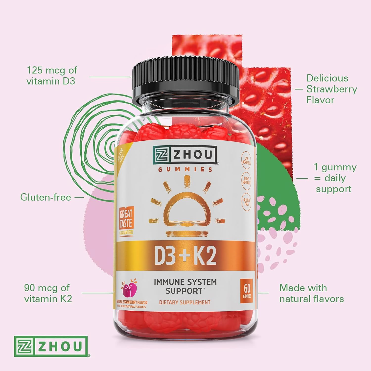 Zhou D3+K2 - Suplemento de Vitamina D3 y K2 con 5000 UI y MK-7, Gominolas Veganas (60 unidades)