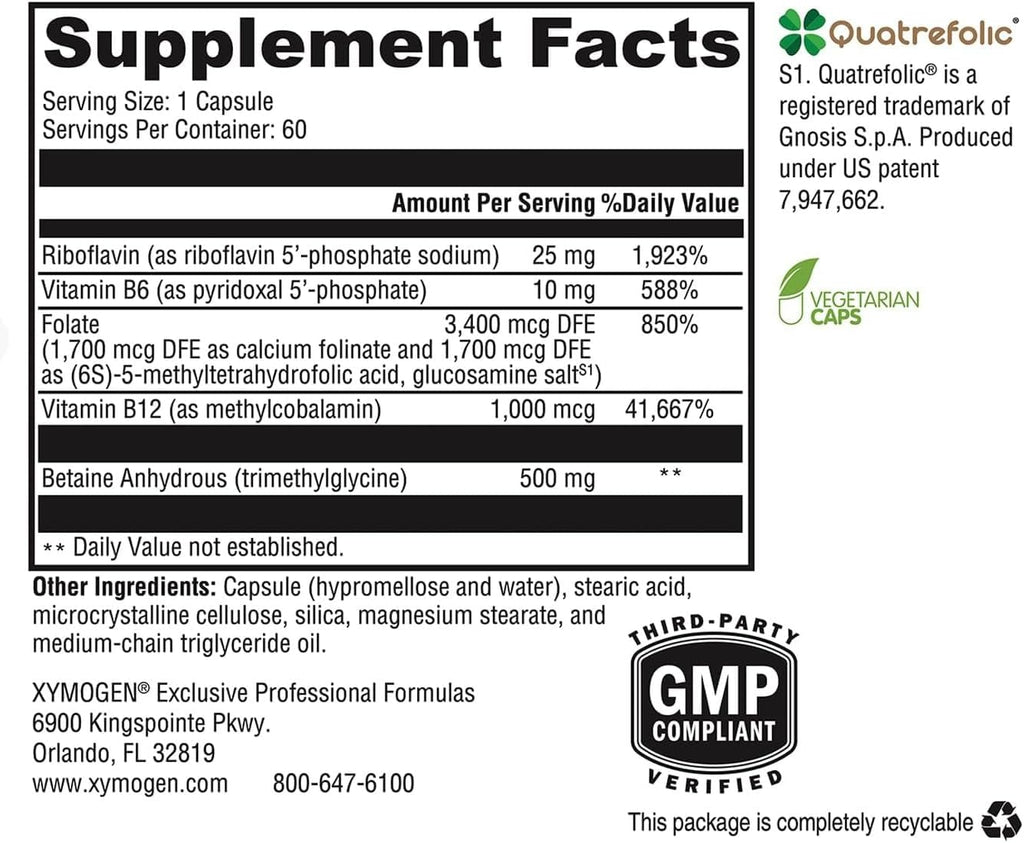 XYMOGEN Methyl Protect - 3.400 mcg 5-MTHF (Metilfolato) - Apoyo Cardiovascular y Neurológico - Vitaminas B Activadas - Vegetariano y Sin Gluten - 60 Cápsulas