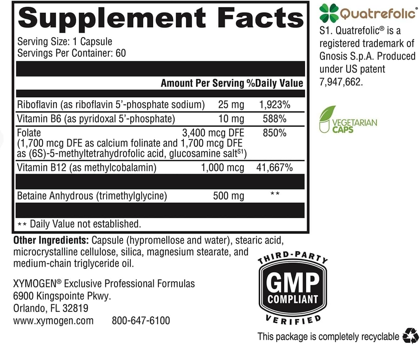 XYMOGEN Methyl Protect - 3.400 mcg 5-MTHF (Metilfolato) - Apoyo Cardiovascular y Neurológico - Vitaminas B Activadas - Vegetariano y Sin Gluten - 60 Cápsulas