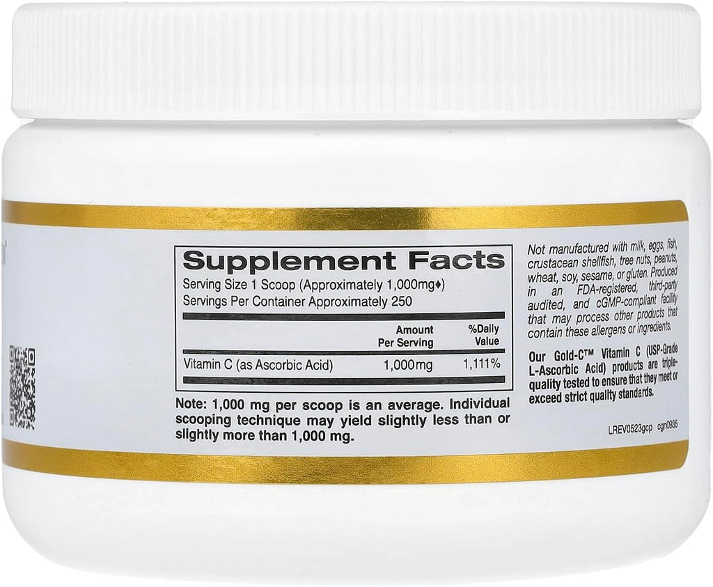 California Gold Nutrition Gold C Powder USP Grade Vitamin C Powder - Immune Support & Seasonal Wellness - Vegetarian Friendly - Gluten Free, Non-GMO - Quality Tested - 1000 mg - 250 g