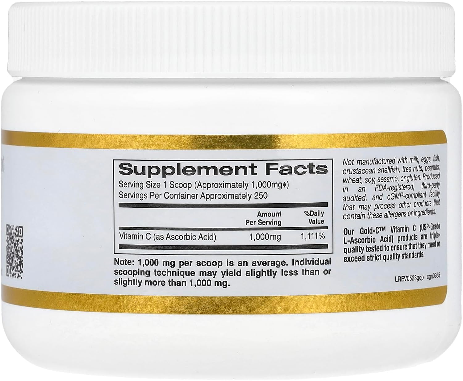 California Gold Nutrition Gold C Powder USP Grade Vitamin C Powder - Immune Support & Seasonal Wellness - Vegetarian Friendly - Gluten Free, Non-GMO - Quality Tested - 1000 mg - 250 g