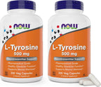 NOW Foods L-Tyrosine 500mg, 300 Cápsulas (Pack de 2) - Suplemento No Transgénico