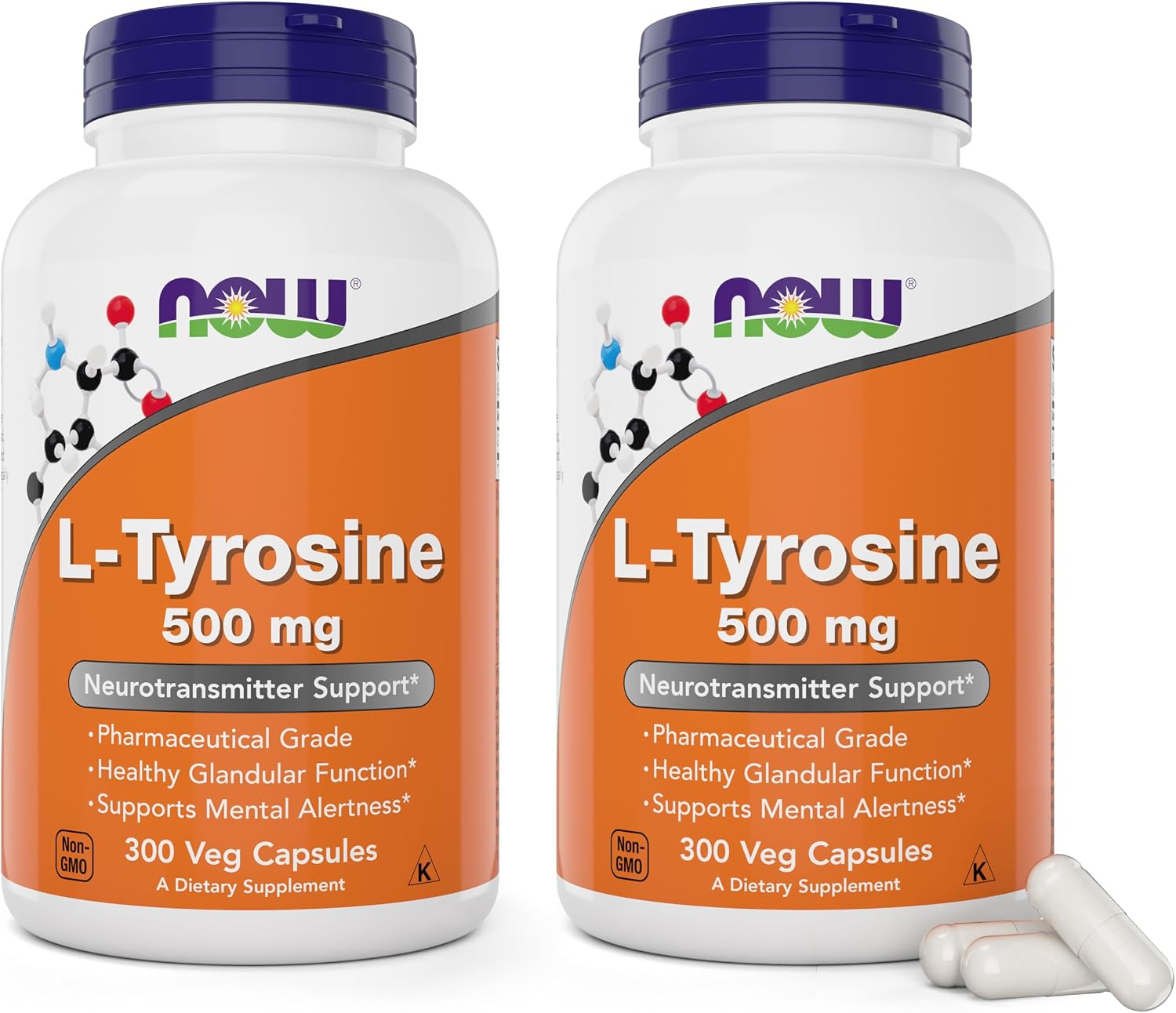NOW Foods L-Tyrosine 500mg, 300 Cápsulas (Pack de 2) - Suplemento No Transgénico