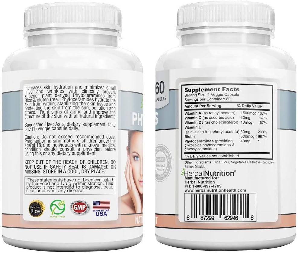Herbal Nutrition Phytoceramides de Arroz con Biotina y Vitaminas A, C, D y E - 240 Cápsulas